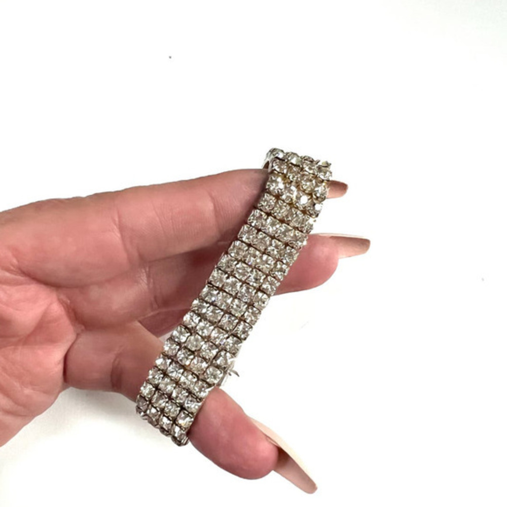 Vintage Rhinestone Stretch Bracelet, 4 Row, Square, Decadent Sparkle 60s